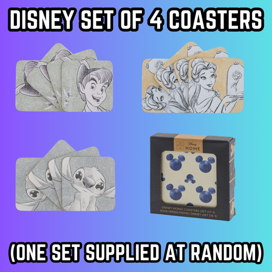 Disney Home Set of Disney Mono Coasters One at Random: Four designs—Ohana Energy Stitch, Pixie Dust Peter Pan, Ariel, and Mickey Mouse icons. You’ll receive one random coaster set (four coasters) per order.