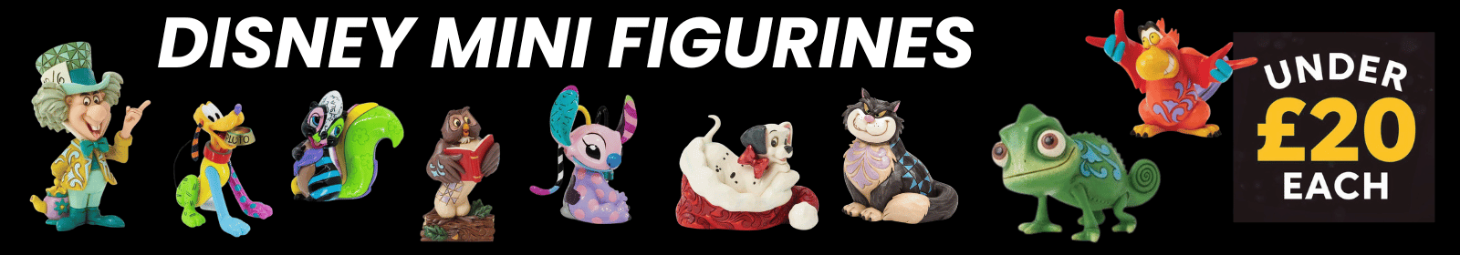 Disney mini figurines displayed with promotional text on a black background