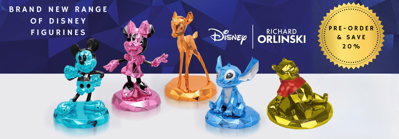 A promotional banner showing five Disney figurines in metallic finishes: Mickey Mouse in blue, Minnie Mouse in pink, Bambi in orange, Stitch in light blue, and Winnie the Pooh in gold. The background is split diagonally with a dark blue patterned top half and a white bottom half.
