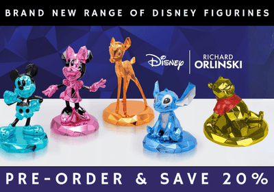 A promotional banner showing five Disney Richard Orlski figurines in a row against a dark blue geometric background. The figurines include Mickey Mouse in blue, Minnie Mouse in pink, Bambi in orange, Stitch in blue, and Winnie the Pooh in gold.