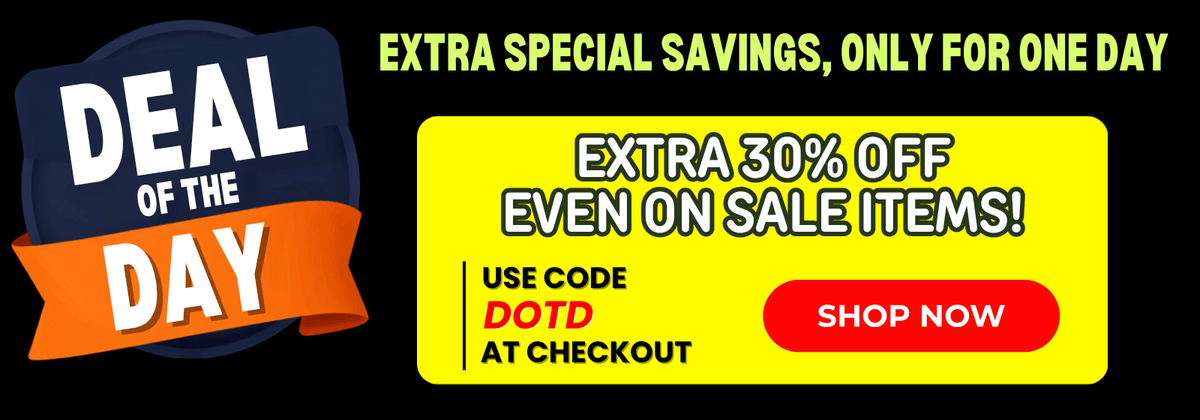 Promotional sale banner on a black background with text reading 'EXTRA SPECIAL SAVINGS, ONLY FOR ONE DAY' and 'EXTRA 30% OFF EVEN ON SALE ITEMS!' using code DOTD, plus a red 'SHOP NOW' button.