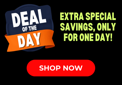 Promotional banner with the text 'DEAL OF THE DAY' in a dark badge with an orange ribbon, next to 'EXTRA SPECIAL SAVINGS, ONLY FOR ONE DAY!' in neon yellow text, and a red 'SHOP NOW' button on a black background. If you click on the image you will be taken to a page where you can purchase the products that are featured in this deal.
