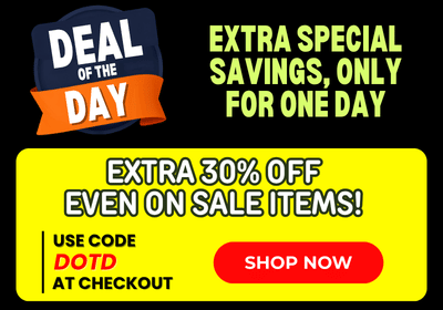 Promotional sale graphic with the text 'DEAL OF THE DAY' and 'EXTRA SPECIAL SAVINGS, ONLY FOR ONE DAY' on a black background, plus 'EXTRA 30% OFF EVEN ON SALE ITEMS!' and a red 'SHOP NOW' button with the code DOTD.