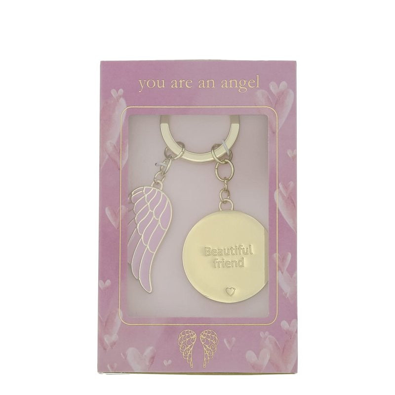 The You Are An Angel Beautiful Friend Key Chain ANGK010 features a gold wing charm and an engraved pendant, beautifully presented in a pink box with heart and wing designs that reads you are an angel.