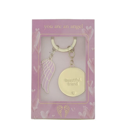 The You Are An Angel Beautiful Friend Key Chain ANGK010 features a gold wing charm and an engraved pendant, beautifully presented in a pink box with heart and wing designs that reads you are an angel.