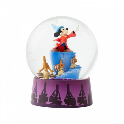 The Enesco Disney Showcase Sorcerer Mickey Fantasia Waterball 6004109 features Mickey as the Sorcerers Apprentice on blue platforms with enchanted brooms and a purple base with black wizard hat and bucket silhouettes.