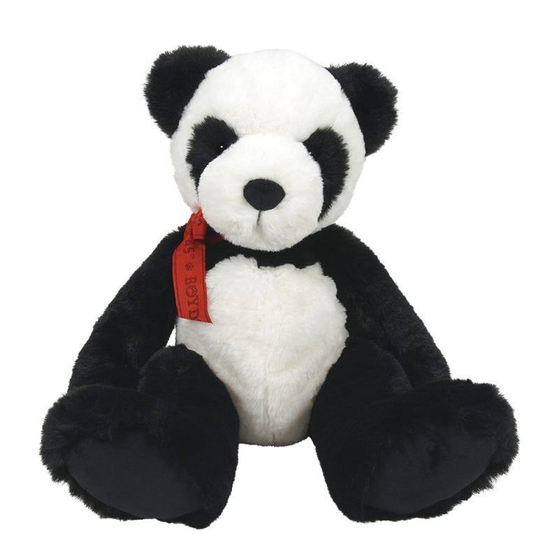 The Panda P. Giggles Bear 15 Inch Plush Soft Toy by Boyds Bears features soft black and white fur, a red ribbon with text around its neck, and sits upright with outstretched arms and legs in a welcoming pose.