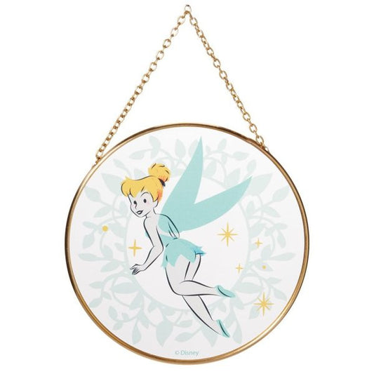The Disney Garden Tinkerbell Suncatcher (6014570) is a round wall hanging with a gold chain, featuring Tinker Bell in a green dress and blue wings on a white leafy background with yellow stars—perfect for your garden or window décor.
