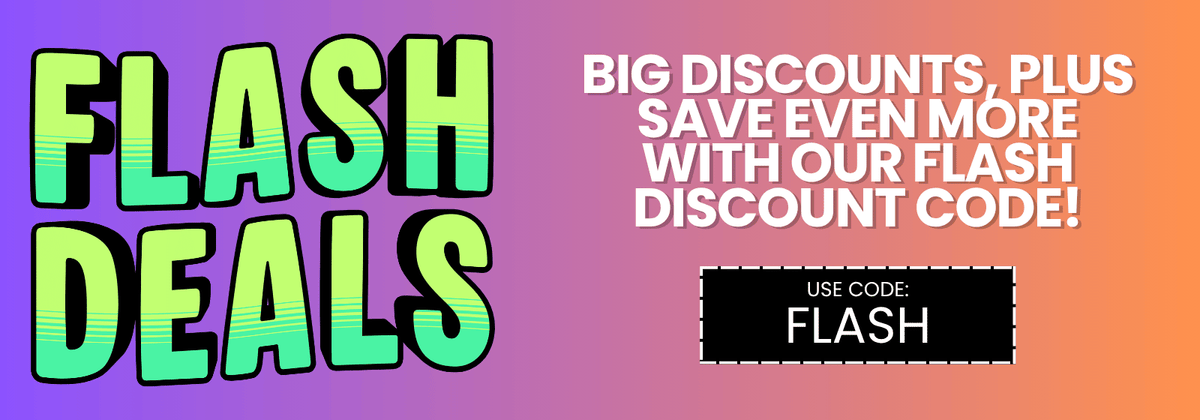 Promotional graphic with the words 'FLASH DEALS' in large green-to-yellow gradient letters on the left, white text on the right reading 'BIG DISCOUNTS, PLUS SAVE EVEN MORE WITH OUR FLASH DISCOUNT CODE!', and a black box with 'USE CODE: FLASH'.