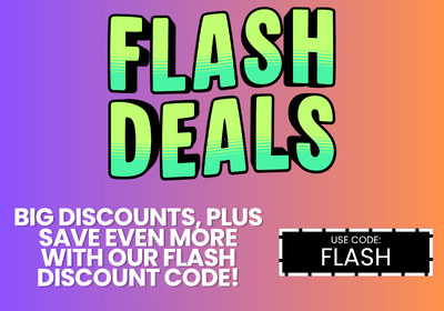 Promotional graphic with large retro-style text reading 'FLASH DEALS' over a purple-to-orange gradient background, plus discount copy and a black coupon box with the word FLASH.