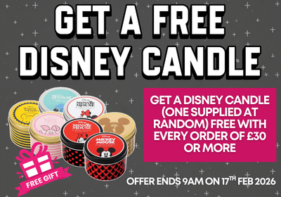 Promotional offer for a free Disney candle with a dark background and colorful candles.