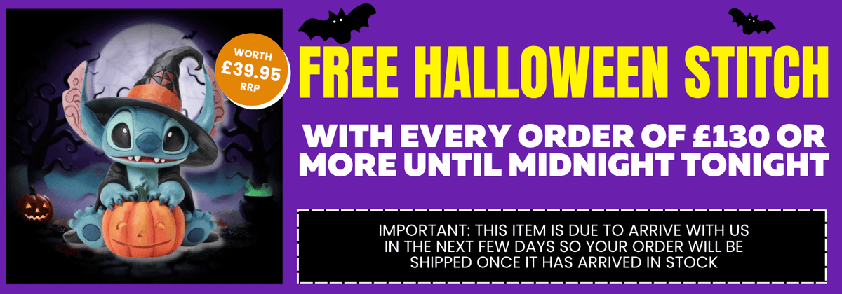 Promotional banner for a free Halloween stitch, featuring a cartoon character in a witch hat holding a pumpkin on the left, with large yellow and white text on a purple background offering a free stitch with every order of £130 or more until midnight tonight.
