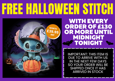 Promotional graphic for a free Halloween stitch, featuring a cartoon character Stitch in a witch hat holding a pumpkin against a dark moonlit background, with large yellow and white text offering a free stitch with every order of £130 or more until midnight tonight.
