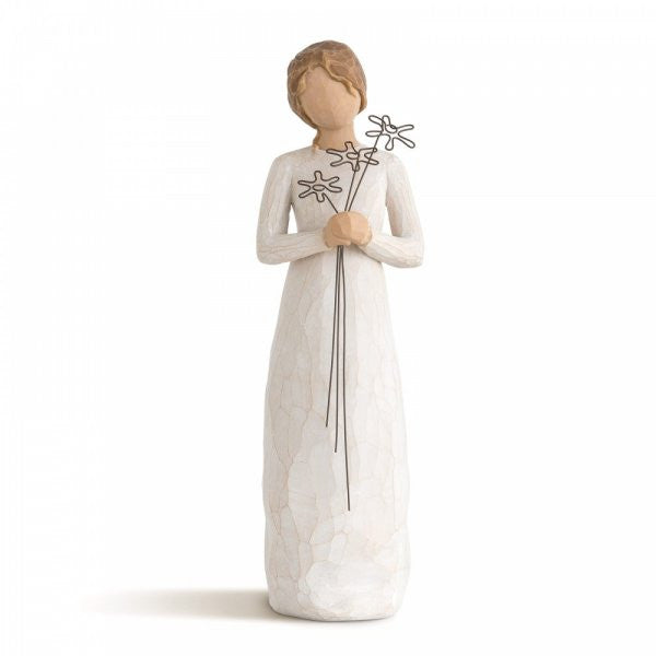 Willow Tree Grateful Figurine showing a girl holding wire flowers