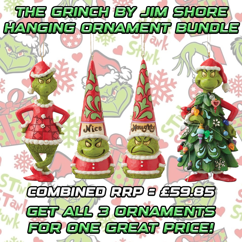 The Grinch By Jim Shore Set of 3 Hanging Ornaments Bundle features the Grinch in a Santa suit, two gnomes labeled Nice and Naughty, and the Grinch with a decorated tree—perfect for Christmas decorating.