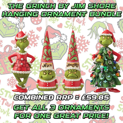 The Grinch By Jim Shore Set of 3 Hanging Ornaments Bundle features the Grinch in a Santa suit, two gnomes labeled Nice and Naughty, and the Grinch with a decorated tree—perfect for Christmas decorating.