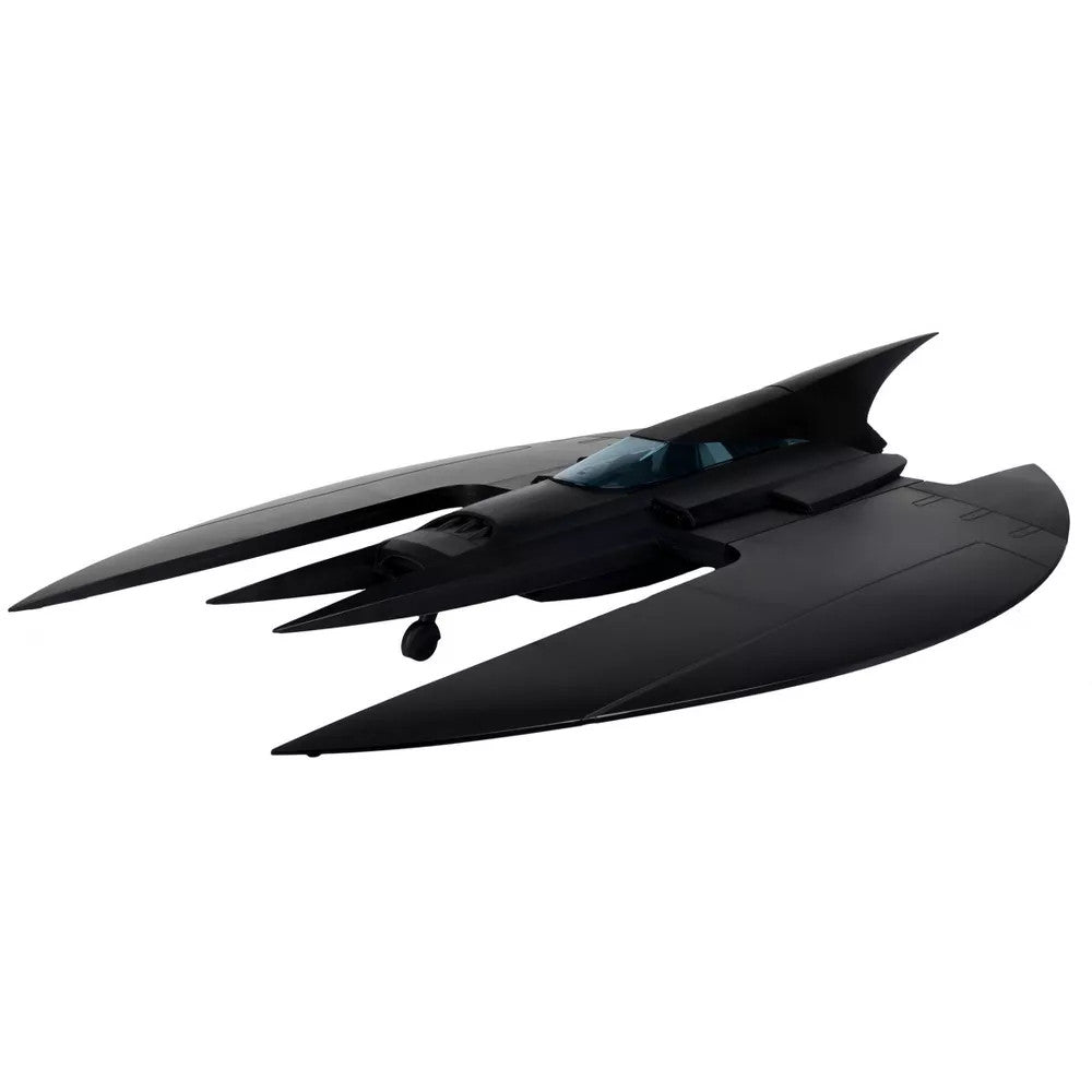 The McFarlane Toys DC Direct Large Batwing The Batman Animated Series features a sleek, black design with curved wings and an angular cockpit—perfect for displaying with your McFarlane Toys Batman figures.