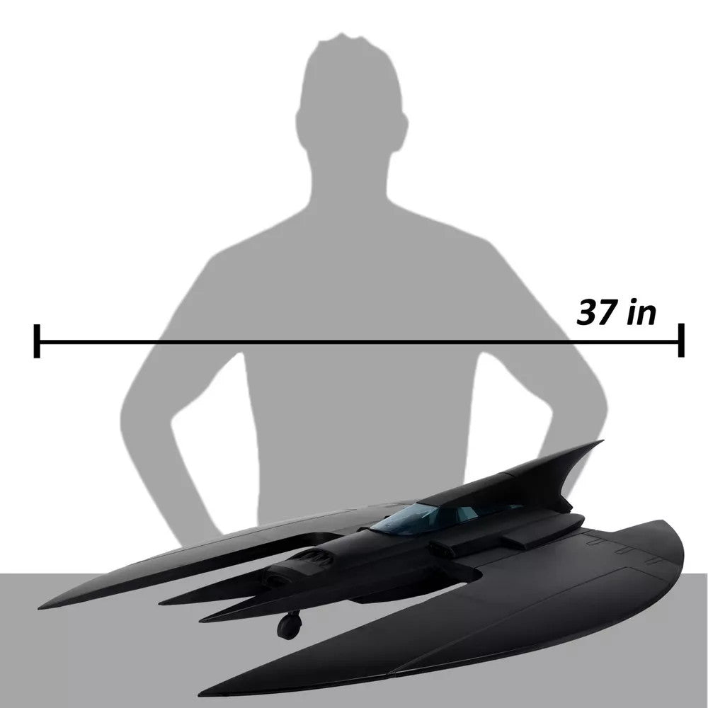 The McFarlane Toys DC Direct Large Batwing The Batman Animated Series features a futuristic 37-inch black replica, inspired by Batman: The Animated Series and perfect for displaying McFarlane Toys Batman figures.