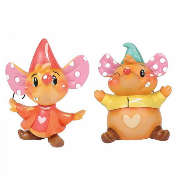 The World of Miss Mindy Presents Disney Jaq and Gus Gus Figurine (6003770) features two colorful, hand-painted mice inspired by Cinderella—Jaq in a red hat and coat, Gus in a green hat with yellow shirt and heart.