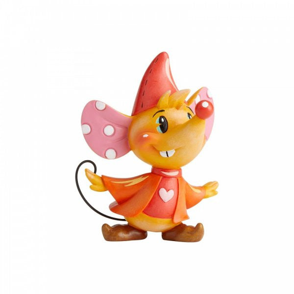 The World of Miss Mindy Presents Disney Jaq and Gus Gus Figurine 6003770 features a hand-painted cartoon mouse with pink polka-dot ears, orange hat, red heart cape, smiling face, and brown shoes against a white background.