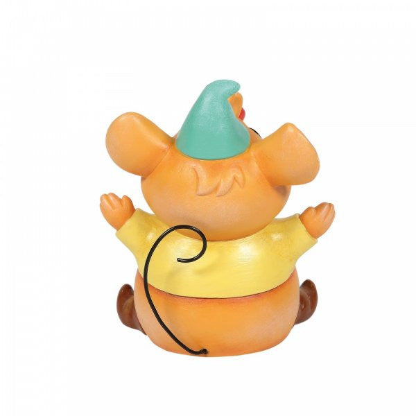 The World of Miss Mindy Presents Disney’s Jaq and Gus Gus Figurine (6003770) features a hand-painted mouse, inspired by Cinderella, with a green hat, yellow shirt, brown shoes, curly black tail, and whimsical details.