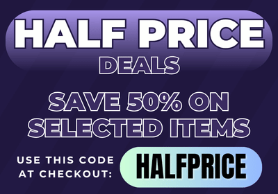 banner promoting half price deals on a blue background