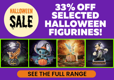 Promotional banner for Halloween figurines with a purple background, a yellow sale badge reading 'Halloween Sale,' large white text saying '33% OFF SELECTED HALLOWEEN FIGURINES!,' four small product images across the middle, and an orange button that says 'SEE THE FULL RANGE.'.