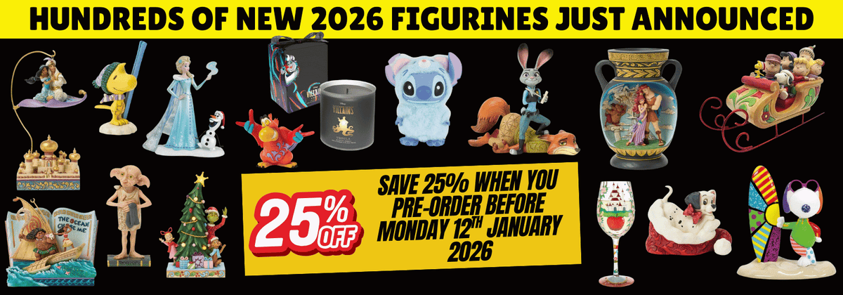 Promotional banner for 2026 figurines with various models and a discount offer.