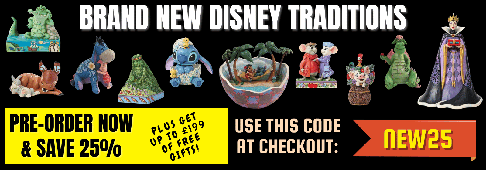 banner promoting new Disney Traditions pre-orders along with a discount code and free gift offer.