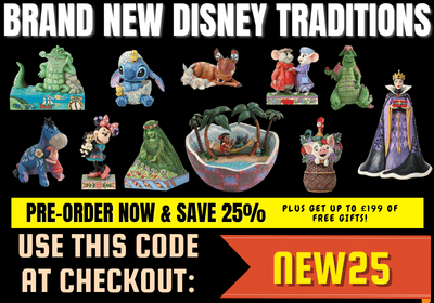 banner promoting new Disney Traditions pre-orders along with a discount code and free gift offer.