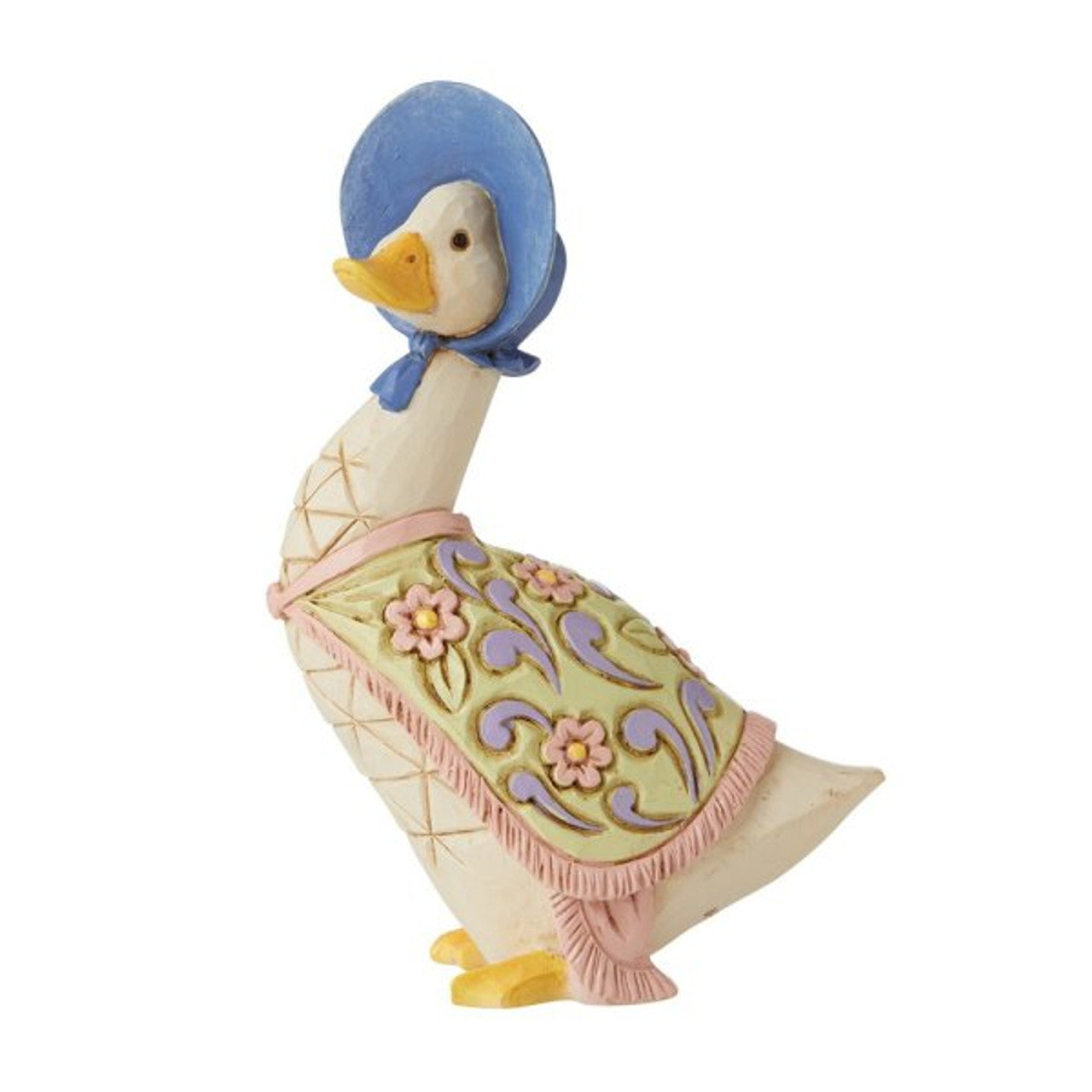 The Beatrix Potter by Jim Shore Pack of 4 Mini Figurines features Peter Rabbit, Flopsy Bunny, Jemima Puddle-Duck in a blue bonnet and green coat with pink flowers, and Benjamin Bunny, each standing upright with charming detailing.