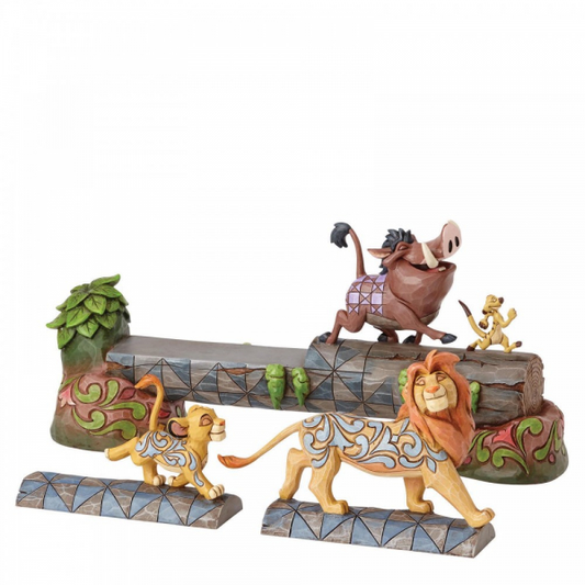 Disney traditions 3 piece set young cub or young adult Simba crossing a fallen log along with Timon &  Pumbaa figurine