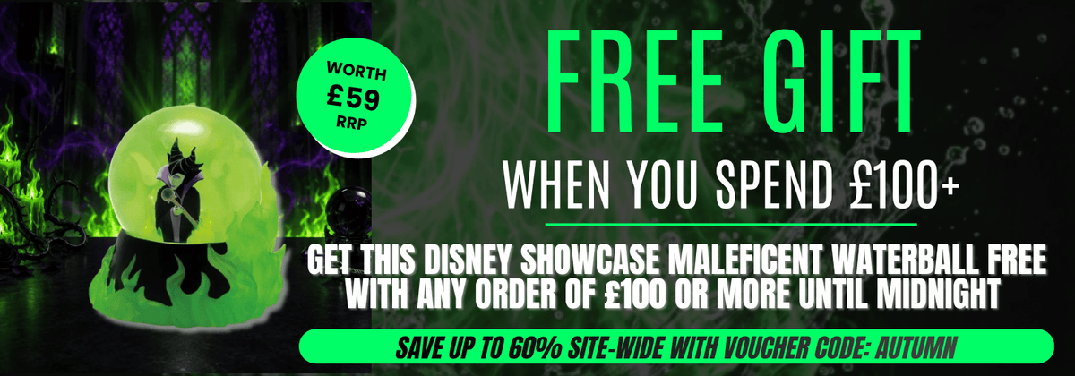 Promotional banner for a free gift of a Disney Showcase maleficent waterball. The graphic features a glowing green maleficent waterball with a black silhouette of the character inside, set against a dark, mystical background with green magical effects.