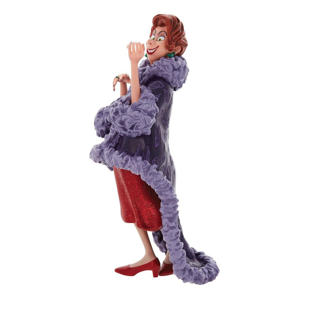 The Enesco Disney Showcase Madame Medusa Figurine 6010728 features Madame Medusa from The Rescuers in a long purple coat, red glittery dress, and matching heels, capturing the playful villain’s details perfectly.