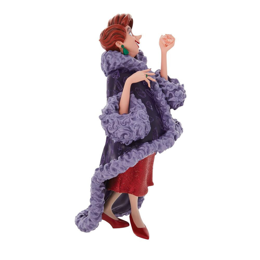 A cartoon woman with red hair wears a purple, fluffy-trimmed coat over a sparkly red dress and red heels, striking a dramatic pose inspired by the Enesco Disney Showcase Madame Medusa Figurine 6010728 from The Rescuers.