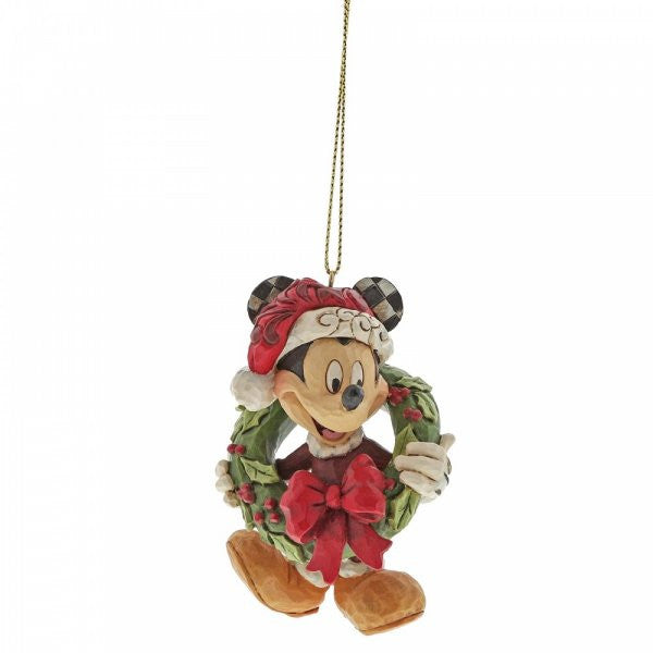 Disney Traditions Mickey Mouse in a festive wreath hanging ornament figurine