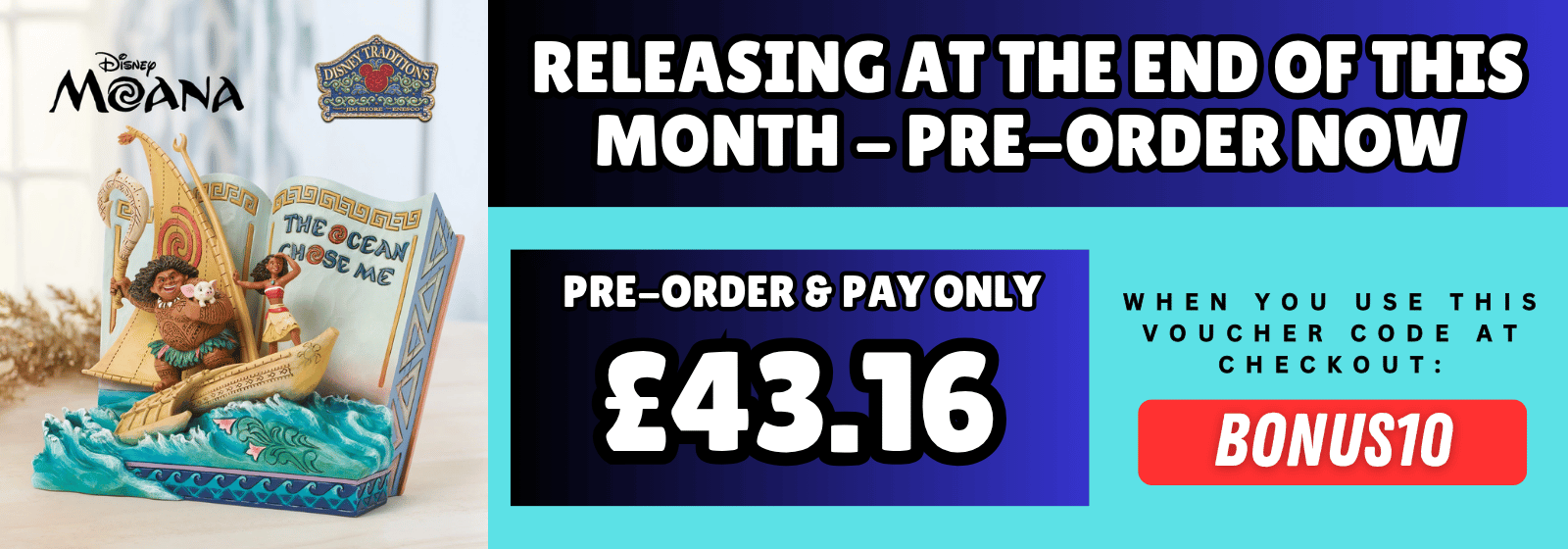 banner promoting a pre-order offer for the Disney Traditions Moana Storybook figurine