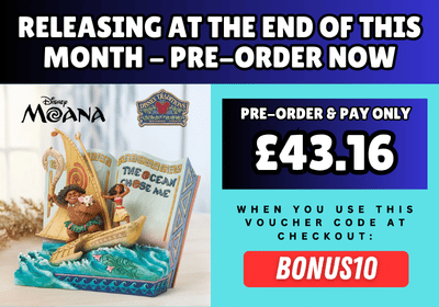 banner promoting a pre-order offer for the Disney Traditions Moana Storybook figurine
