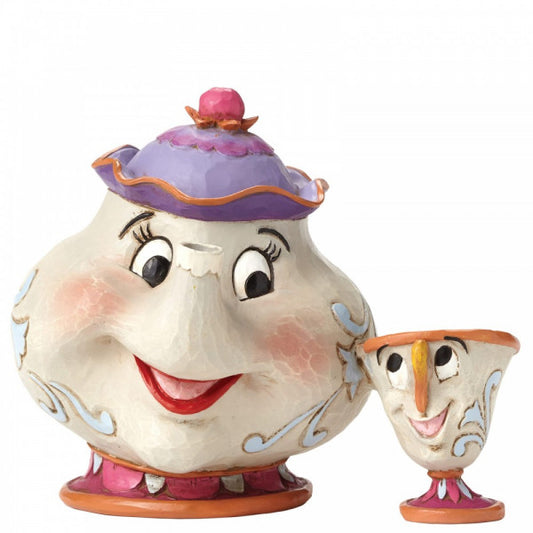 Disney Traditions Mrs Potts the teapot from Beauty and the Beast with attached Chip, the cup and her son in the film. Figurine