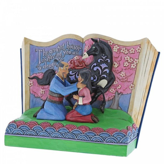 Disney Traditions Mulan and her father with Khan and Mushu on a storybook figurine.