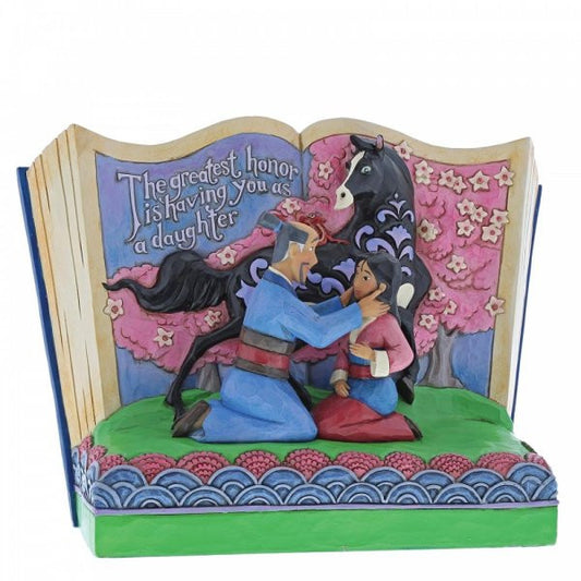 Disney Traditions Mulan and her father with Khan and Mushu on a storybook figurine.