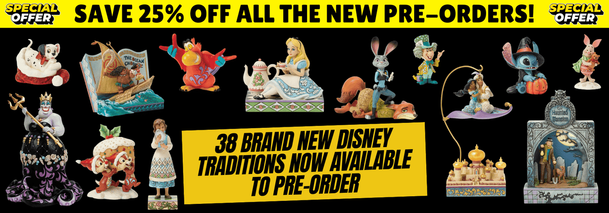 Promotional banner for Disney pre-orders with various character figurines and text about discounts and new releases.