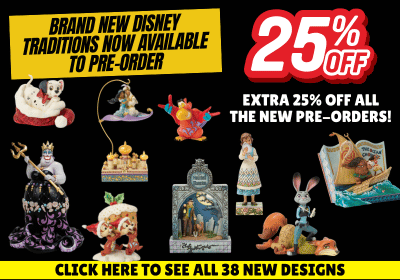 Promotional image for Disney figurines with discounts and pre-order information.