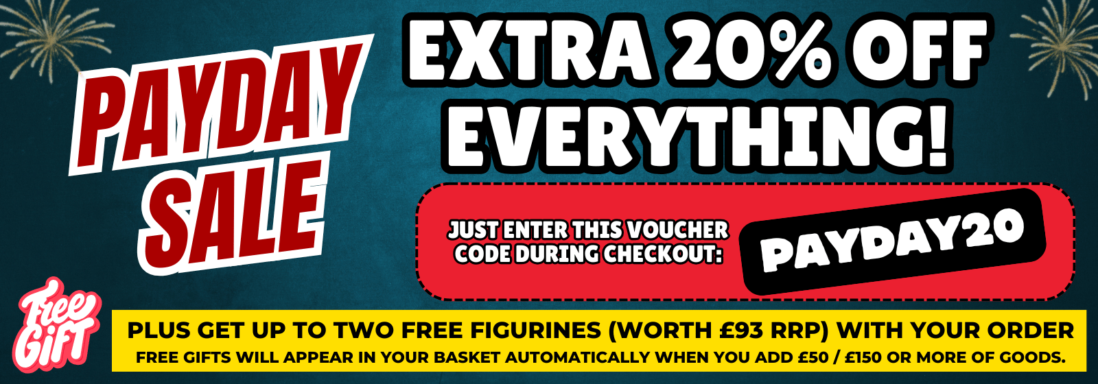 Promotional banner for a payday sale with extra 20% off everything and a voucher code.