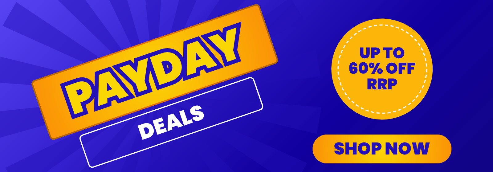 Promotional banner with 'Payday Deals' and 'Shop Now' on a blue and orange background