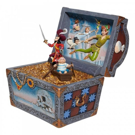Disney Traditions Peter Pan, Captain Hook and Smee row across a golden treasure in a chest bearing the mark of Skull Island figurine