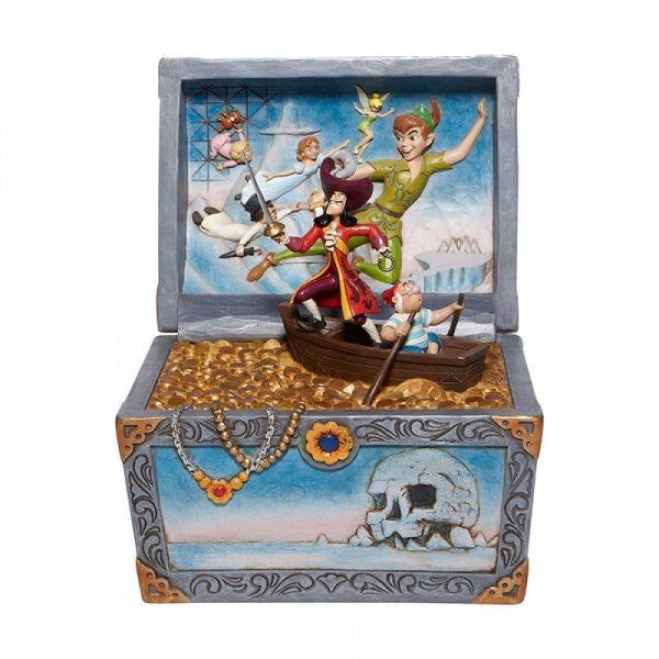 Disney Traditions Peter Pan, Captain Hook and Smee row across a golden treasure in a chest bearing the mark of Skull Island figurine