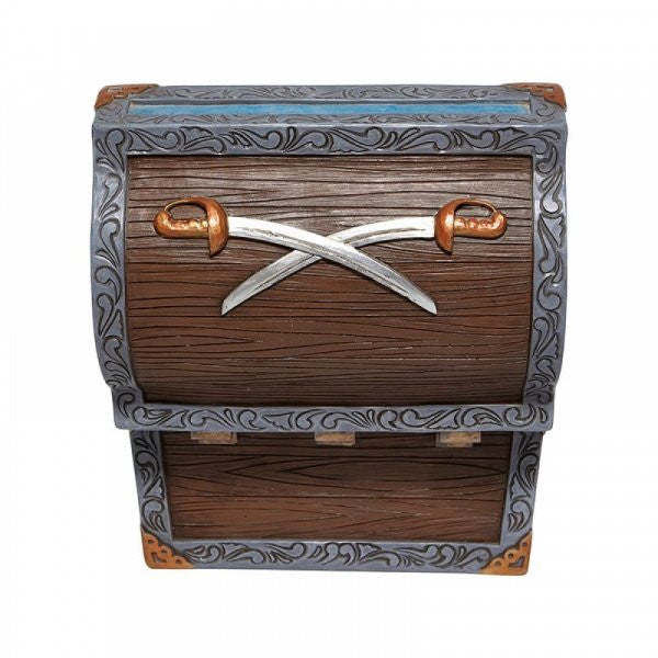 Disney Traditions Peter Pan, Captain Hook and Smee row across a golden treasure in a chest bearing the mark of Skull Island figurine