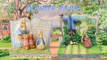 The Beatrix Potter Peter Rabbit Storybook Double Pack Figurines by Jim Shore features two charming figurines set against a pastoral backdrop with scenes of rabbits and a scarecrow. “DOUBLE PACK” appears above. From Beatrix Potter by Jim Shore.