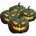 Five dark green jack-o-lanterns with glowing yellow-orange eyes and mouths, arranged close together, each displaying a mischievous or spooky carved face.